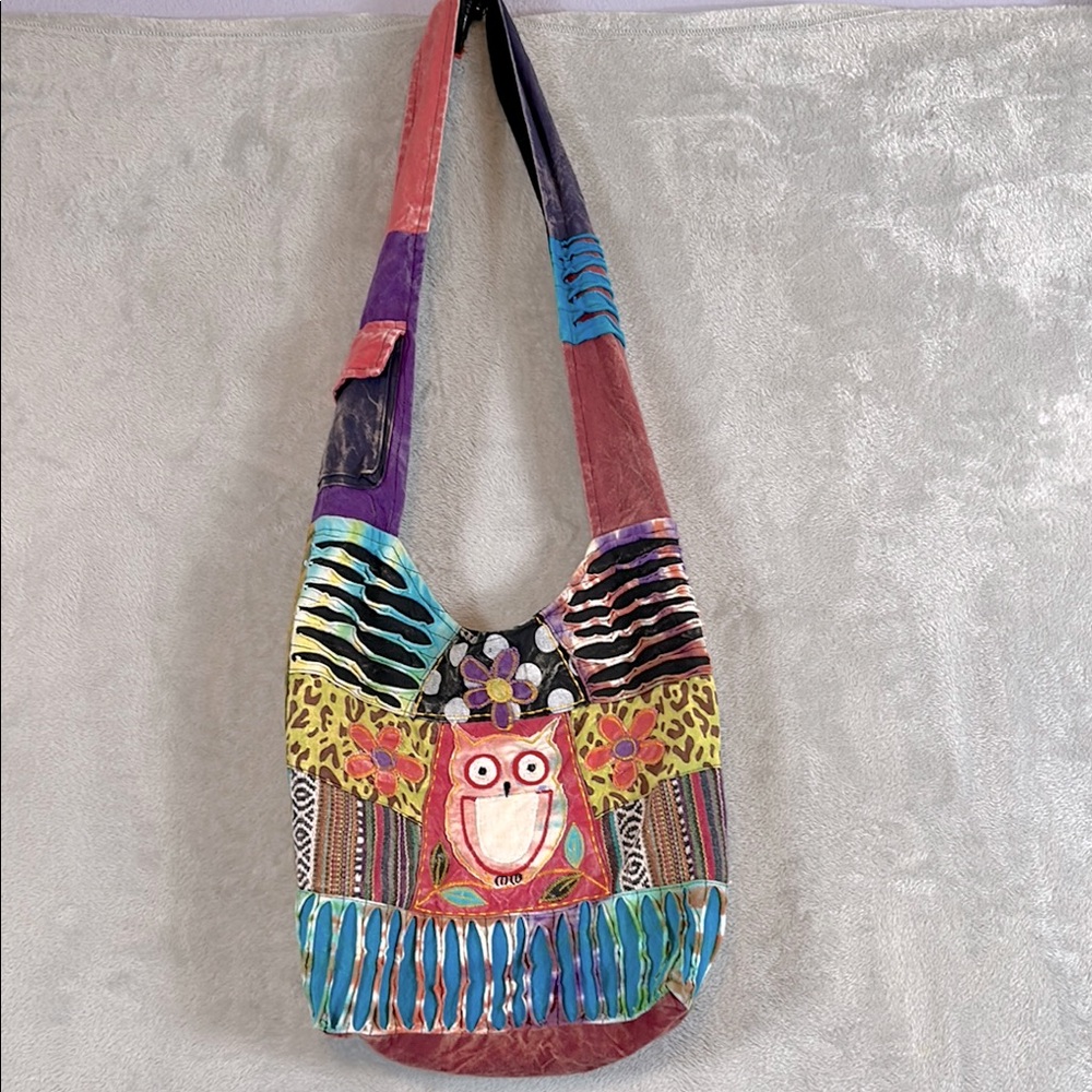 Rising international Boho, patchwork, embroidered owl, cross body bag